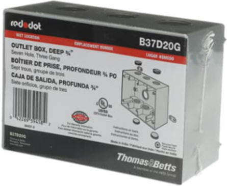 3 Gang Deep Weatherproof Box 54.8 Cubic Inches, 3/4 Inch Hub, Silver Aluminum