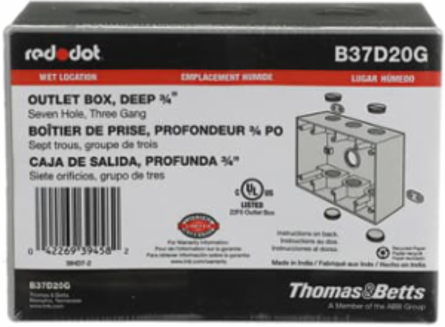 3 Gang Deep Weatherproof Box 54.8 Cubic Inches, 3/4 Inch Hub, Silver Aluminum