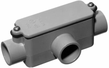 1 Inch Type T Conduit Body, 12 Cubic Inch Volume, PVC Material, Gray Color