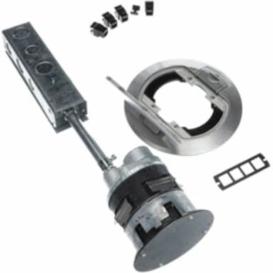 Poke Through Base Unit, 4 Inch Drill Size, 4 Power Receptacles, Aluminum Cover
