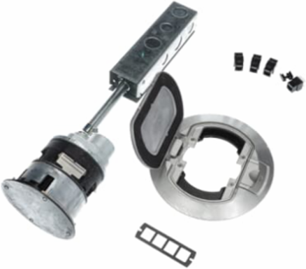Poke Through Base Unit, 4 Inch Drill Size, 4 Power Receptacles, Aluminum Cover