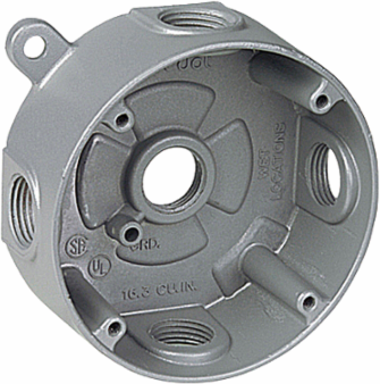 Round Outlet Box, 5 Outlets, 4-1/8 Inch Diameter, 16.3 Cubic Inches, Aluminum