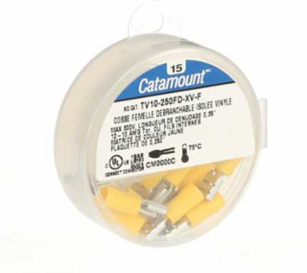 Vinyl Insulated Female Disconnect, 12-10 AWG, Tab Size .250 Inch, Yellow