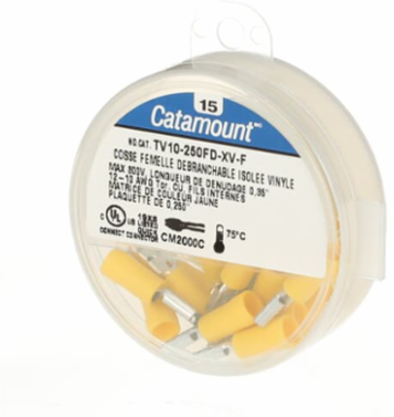 Vinyl Insulated Female Disconnect, 12-10 AWG, Tab Size .250 Inch, Yellow
