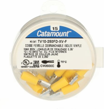 Vinyl Insulated Female Disconnect, 12-10 AWG, Tab Size .250 Inch, Yellow