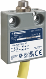 Limit switch 9007 MS/ML, top push plunger, 240 VAC, 10 A, option version, SJTO cable (AWG 18), 9 ft, yellow, Pre-wired cable bottom, IP67 conforming to IEC 60529