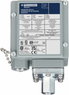 industrial pressure switch, 9012G, adjustable scale, 2 thresholds, 3.0 to 150 psig
