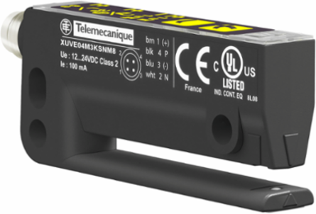 Photoelectric sensors XU, photoelec sensor label fork 40x3, 12...24 V DC, PNP NO/NC connect M8