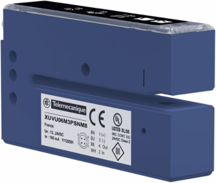 Photoelectric sensors XU, ultrasonic sensor label fork 60x3, 12...24 V DC, NPN NO/NC connect M8