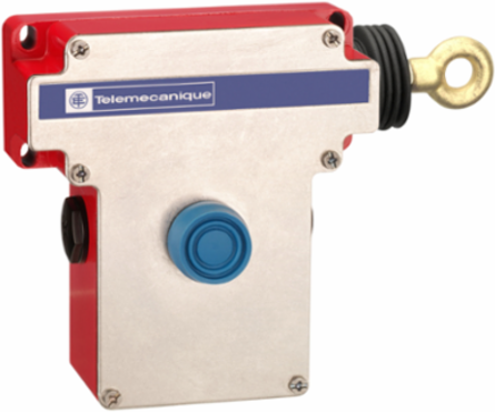 Latching emergency stop rope pull switch, Telemecanique rope pull switches XY2C, e XY2CE, RH side -2NC+2 NO, Booted pushbutton