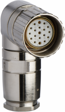 Female, M23, 19 pin, elbowed connector, cable gland Pg 13.5