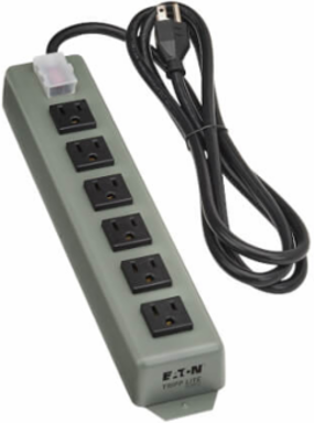 Industrial Power Strip, 6-Outlets, 6 ft Cord, 15A, 120V AC, Metal Housing