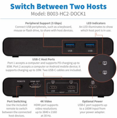 KVM Dock, 2-Port, USB-C, 4K HDMI, USB 3.2 Gen 1, 85W PD Charging, Black, TAA