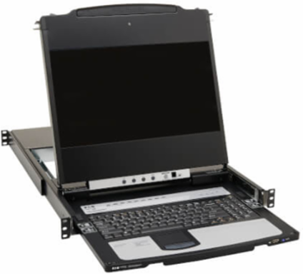 Console KVM Switch, 8-Port, DisplayPort, 1U Rack-Mount, 17 in LCD, Dual Rail, TAA