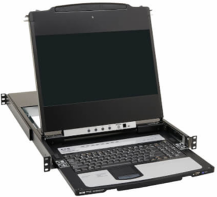 Console KVM Switch, 8-Port, DisplayPort, 17 in LCD, IP Remote Access, Dual Rail, 1U Rack-Mount, TAA