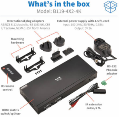 4x2 HDMI Matrix Switch/Splitter with Remote Control and Multi-Resolution Support, 4K 60 Hz, HDR, 4:4:4, TAA