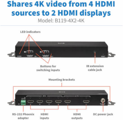 4x2 HDMI Matrix Switch/Splitter with Remote Control and Multi-Resolution Support, 4K 60 Hz, HDR, 4:4:4, TAA