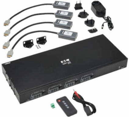 4x4 HDMI over Cat6 Matrix Switch Kit, Switch/4x Pigtail Receivers - 4K 60 Hz, HDR, 4:4:4, PoC, 230 ft. (70.1 m), TAA