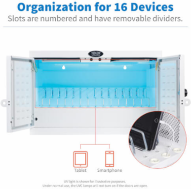 UV Charging Station Cabinet, Hospital-Grade, 16 USB Ports, 2.4A per Port, Antimicrobial, White