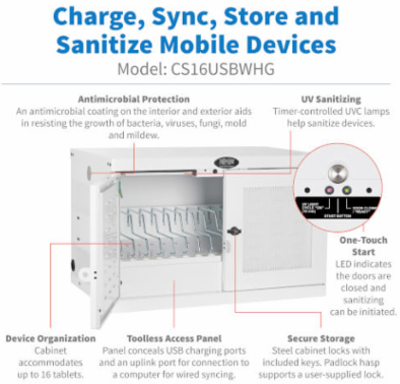 UV Charging Station Cabinet, Hospital-Grade, 16 USB Ports, 2.4A per Port, Antimicrobial, White
