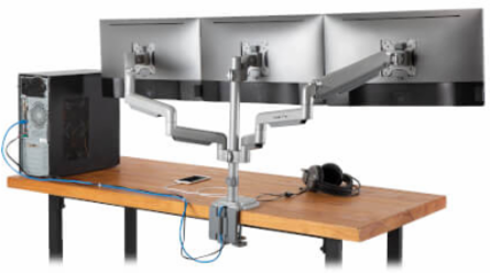 Triple Monitor Gas-Spring Desk Clamp/Grommet Mount, Full Motion, 17 to 30 in, Aluminum, Silver