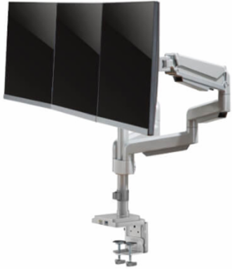 Triple Monitor Gas-Spring Desk Clamp/Grommet Mount, Full Motion, 17 to 30 in, Aluminum, Silver