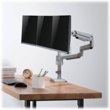 Triple Monitor Gas-Spring Desk Clamp/Grommet Mount, Full Motion, 17 to 30 in, Aluminum, Silver