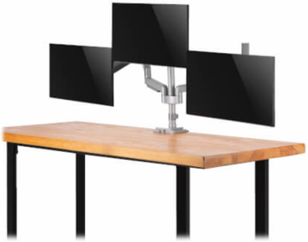Triple Monitor Gas-Spring Desk Clamp/Grommet Mount, Full Motion, 17 to 30 in, Aluminum, Silver