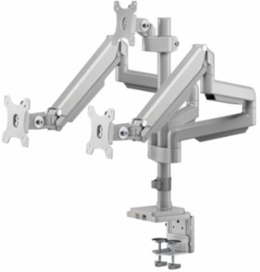 Triple Monitor Gas-Spring Desk Clamp/Grommet Mount, Full Motion, 17 to 30 in, Aluminum, Silver