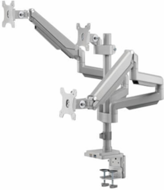 Triple Monitor Gas-Spring Desk Clamp/Grommet Mount, Full Motion, 17 to 30 in, Aluminum, Silver
