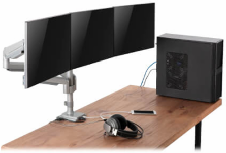 Triple Monitor Gas-Spring Desk Clamp/Grommet Mount, Full Motion, 17 to 30 in, Aluminum, Silver