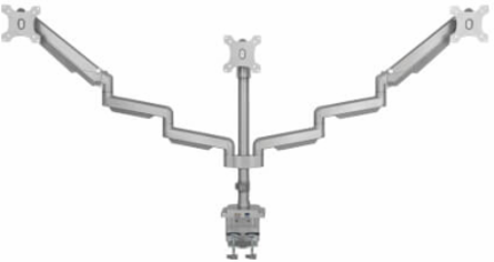Triple Monitor Gas-Spring Desk Clamp/Grommet Mount, Full Motion, 17 to 30 in, Aluminum, Silver