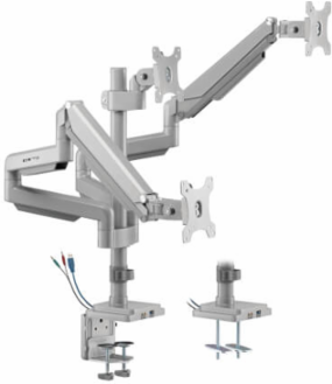 Triple Monitor Gas-Spring Desk Clamp/Grommet Mount, Full Motion, 17 to 30 in, Aluminum, Silver