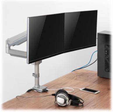 Dual Monitor Gas-Arm Mount, Full Motion, 13 to 34 in, Aluminum, Silver, Clamp or Grommet