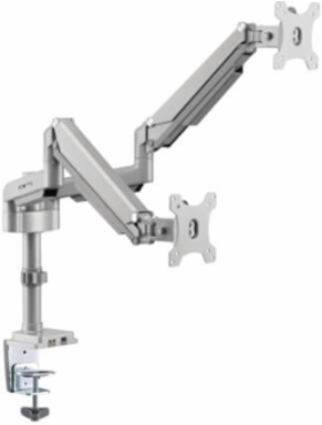 Dual Monitor Gas-Arm Mount, Full Motion, 13 to 34 in, Aluminum, Silver, Clamp or Grommet