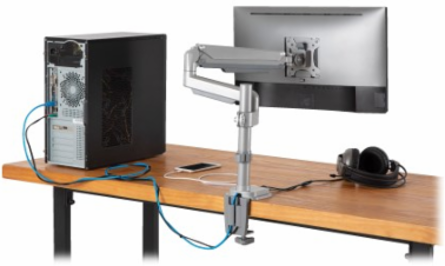 Single Monitor Gas-Spring Desk Clamp/Grommet Mount, Full Motion, 13 to 34 in, Aluminum, Silver