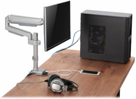 Single Monitor Gas-Spring Desk Clamp/Grommet Mount, Full Motion, 13 to 34 in, Aluminum, Silver