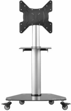 Rolling TV Cart, 32 to 55 in Displays, Black Glass Base and Shelf, Locking Casters, Black/Silver