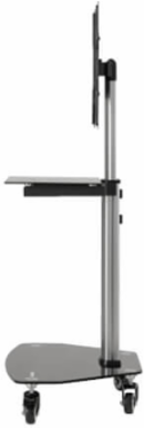 Rolling TV Cart, 32 to 55 in Displays, Black Glass Base and Shelf, Locking Casters, Black/Silver