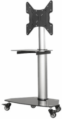 Rolling TV Cart, 32 to 55 in Displays, Black Glass Base and Shelf, Locking Casters, Black/Silver