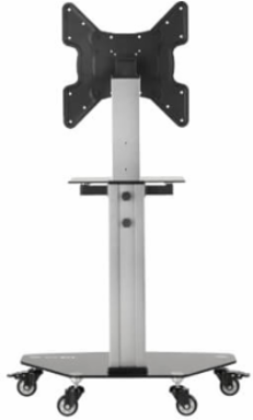 Rolling TV Cart, 32 to 55 in Displays, Black Glass Base and Shelf, Locking Casters, Black/Silver
