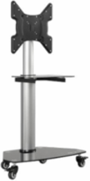 Rolling TV Cart, 32 to 55 in Displays, Black Glass Base and Shelf, Locking Casters, Black/Silver