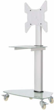 Rolling TV Cart, 32 to 55 in Displays, Frosted Glass Base and Shelf, Locking Casters, White