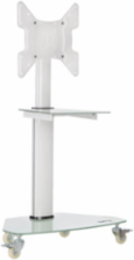 Rolling TV Cart, 32 to 55 in Displays, Frosted Glass Base and Shelf, Locking Casters, White