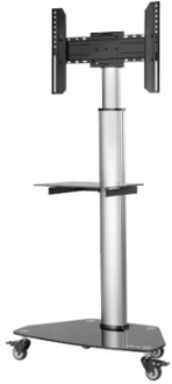 Rolling TV Cart, 37 to 70 in Displays, Black Glass Base and Shelf, Locking Casters, Black/Silver