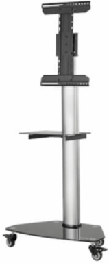 Rolling TV Cart, 37 to 70 in Displays, Black Glass Base and Shelf, Locking Casters, Black/Silver