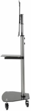 Rolling TV Cart, 37 to 70 in Displays, Black Glass Base and Shelf, Locking Casters, Black/Silver