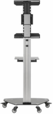Rolling TV Cart, 37 to 70 in Displays, Black Glass Base and Shelf, Locking Casters, Black/Silver
