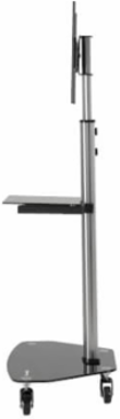 Rolling TV Cart, 37 to 70 in Displays, Black Glass Base and Shelf, Locking Casters, Black/Silver
