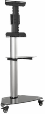 Rolling TV Cart, 37 to 70 in Displays, Black Glass Base and Shelf, Locking Casters, Black/Silver
